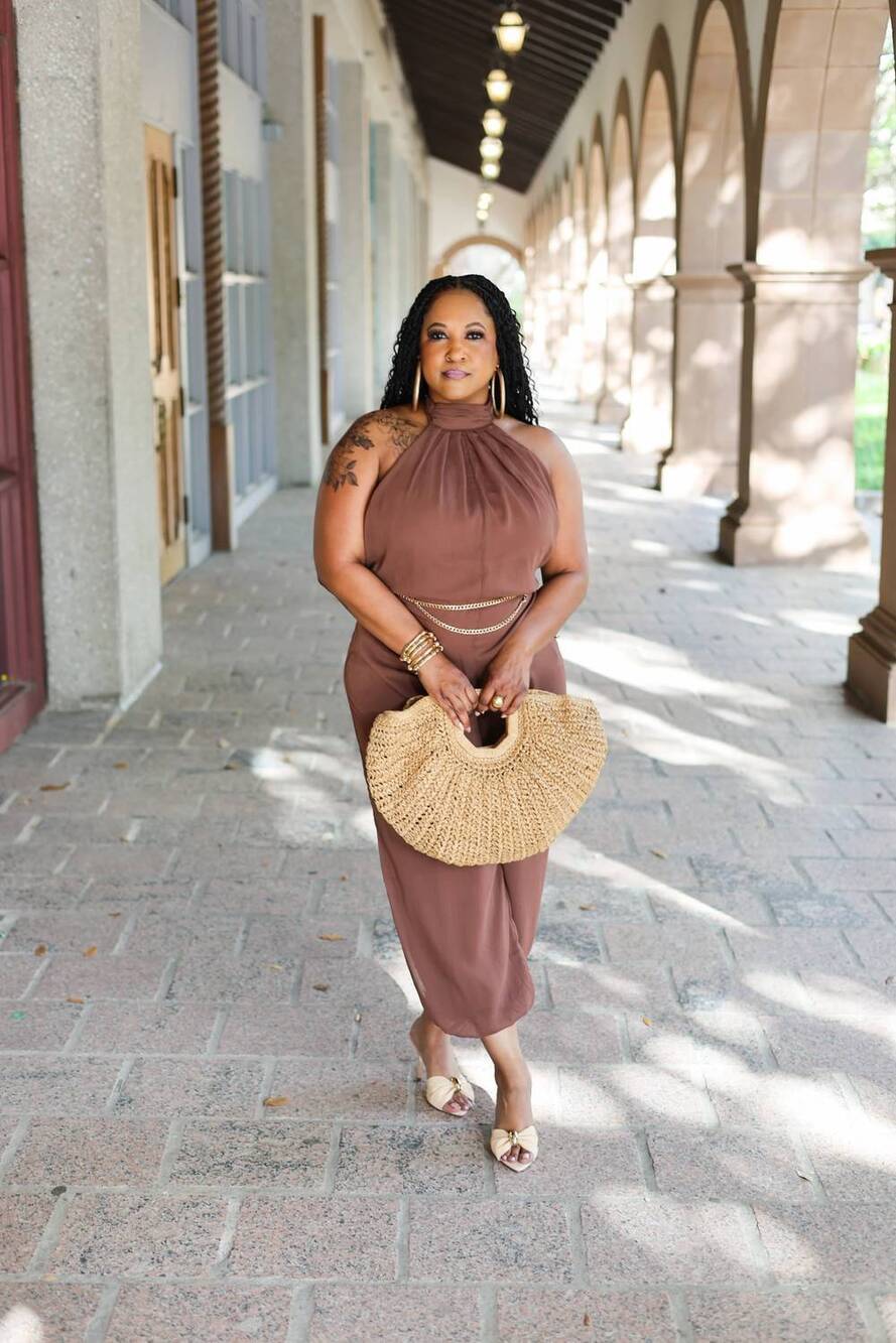 NEW HERS & MINE espresso chiffon jumpsuit in brown